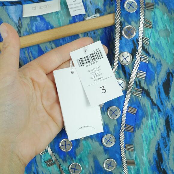 Chicos 3 XL Top Popover Beaded Tunic Resort Coastal Embellished Artsy Vacation - Picture 3 of 7